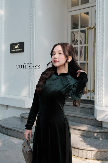 Dark Green Velvet Plain High Collar Ao Dai Top Only, NO PANTS