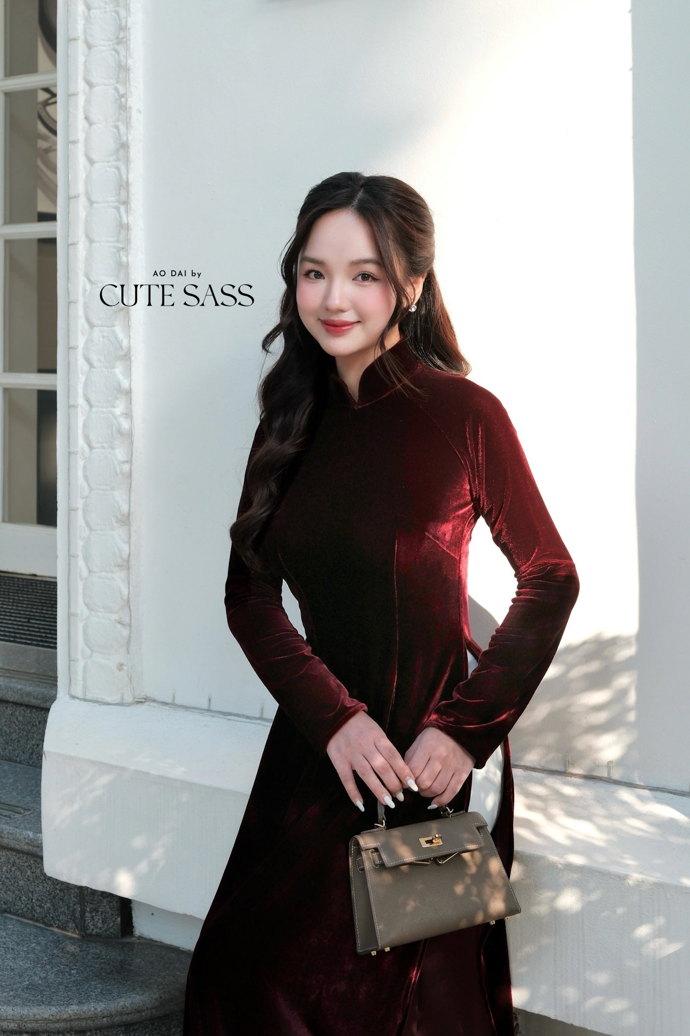 Champagne Red Velvet Plain High Collar Ao Dai Top Only, NO PANTS