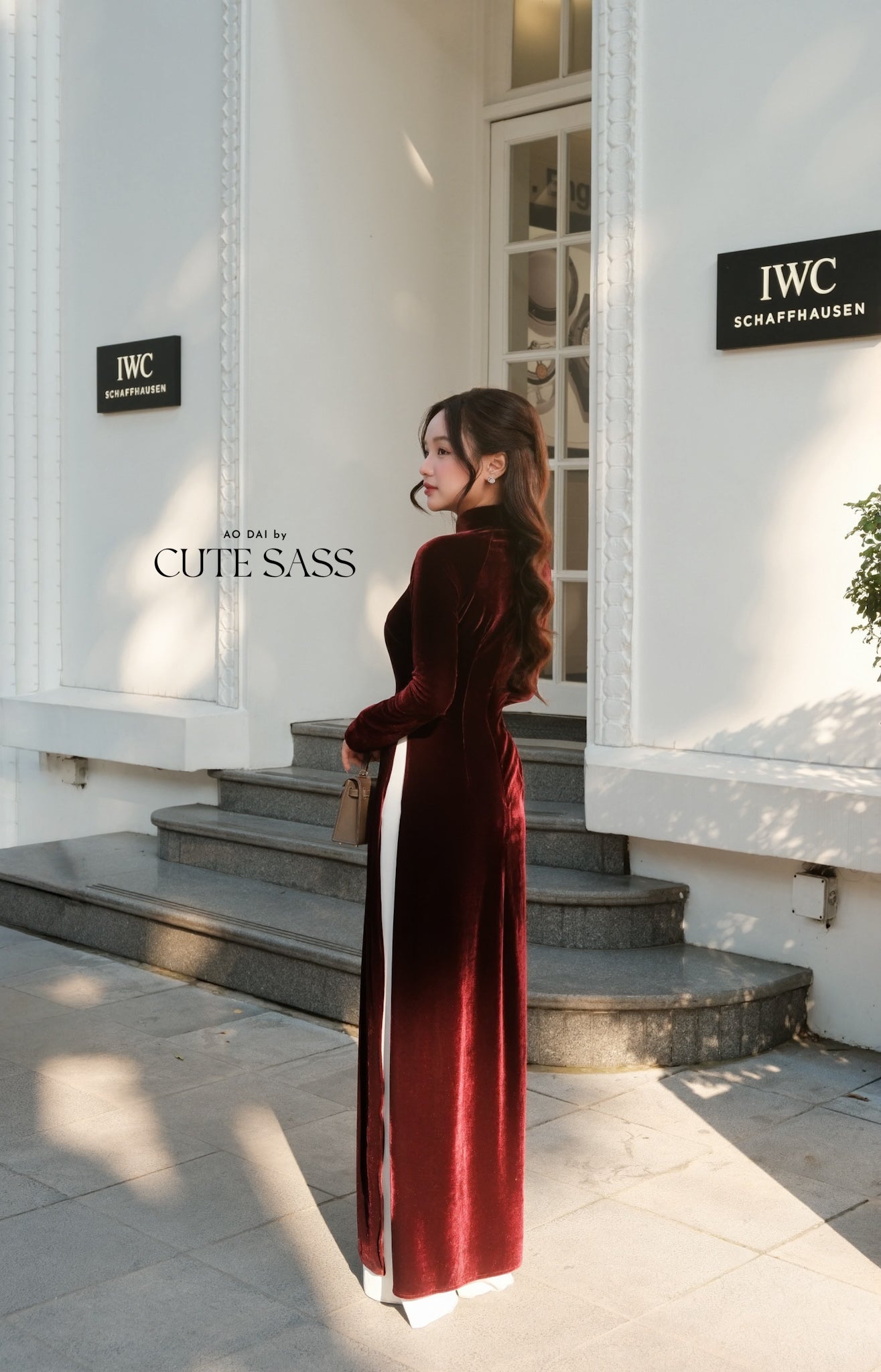 Champagne Red Velvet Plain High Collar Ao Dai Top Only, NO PANTS