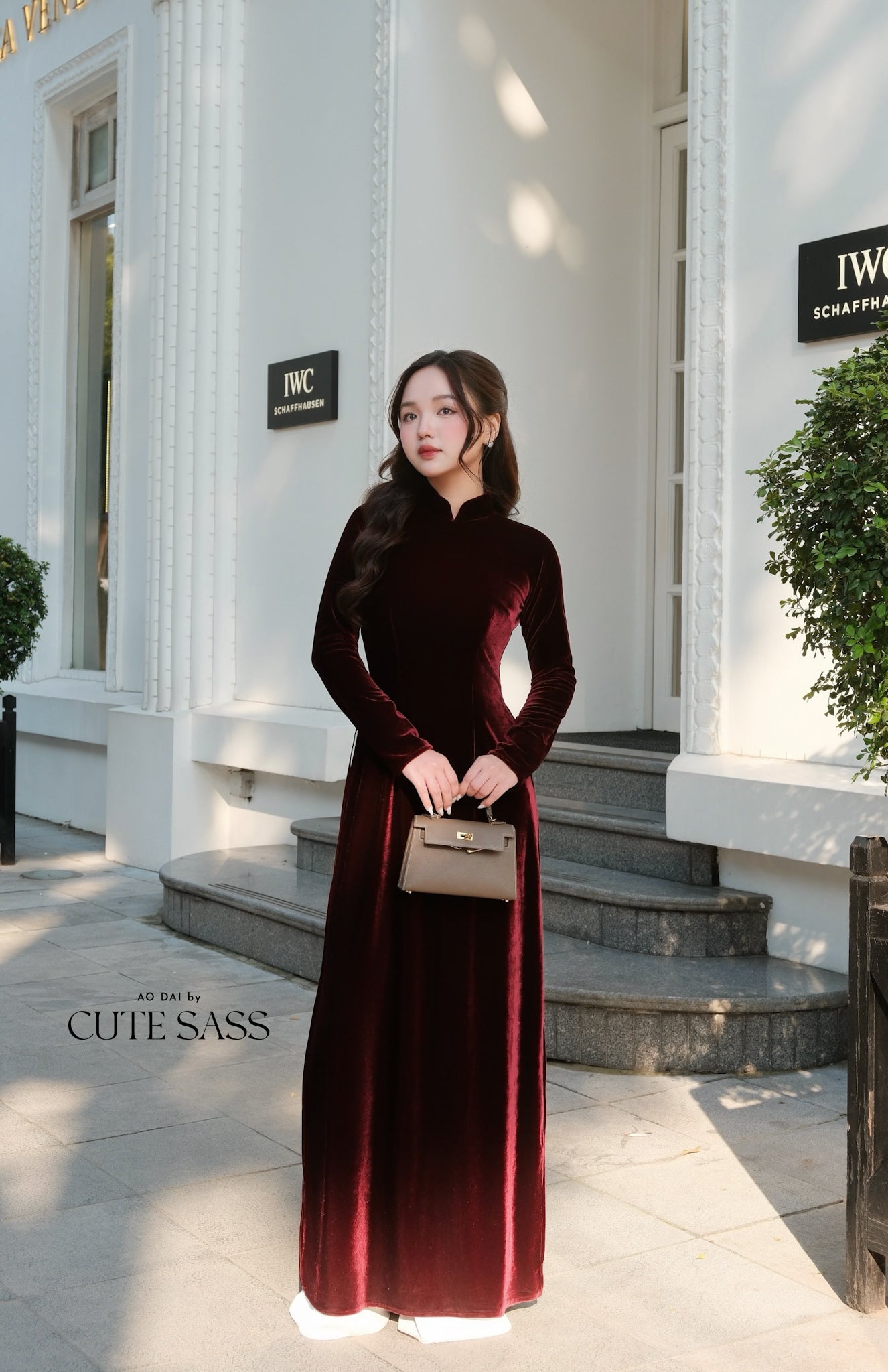 Champagne Red Velvet Plain High Collar Ao Dai Top Only, NO PANTS