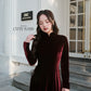Champagne Red Velvet Plain High Collar Ao Dai Top Only, NO PANTS
