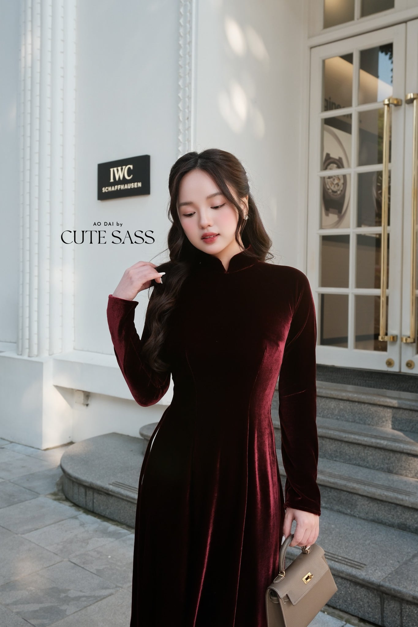 Champagne Red Velvet Plain High Collar Ao Dai Top Only, NO PANTS