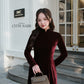 Champagne Red Velvet Plain High Collar Ao Dai Top Only, NO PANTS