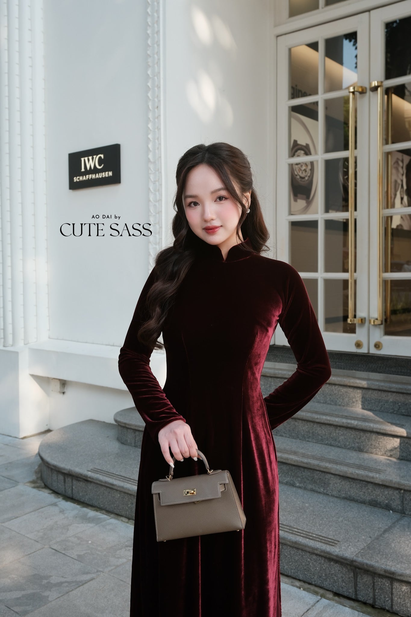 Champagne Red Velvet Plain High Collar Ao Dai Top Only, NO PANTS