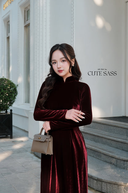 Champagne Red Velvet Plain High Collar Ao Dai Top Only, NO PANTS