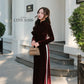 Champagne Red Velvet Plain High Collar Ao Dai Top Only, NO PANTS