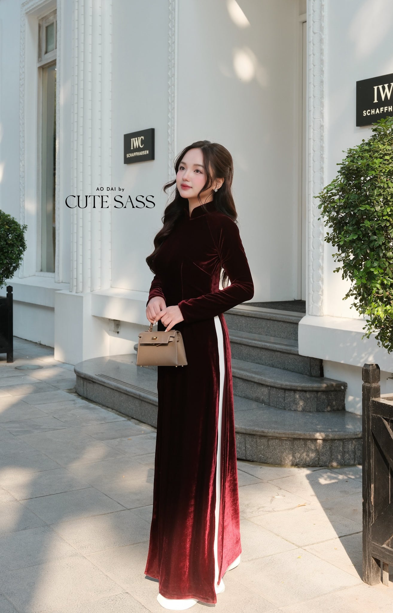 Champagne Red Velvet Plain High Collar Ao Dai Top Only, NO PANTS