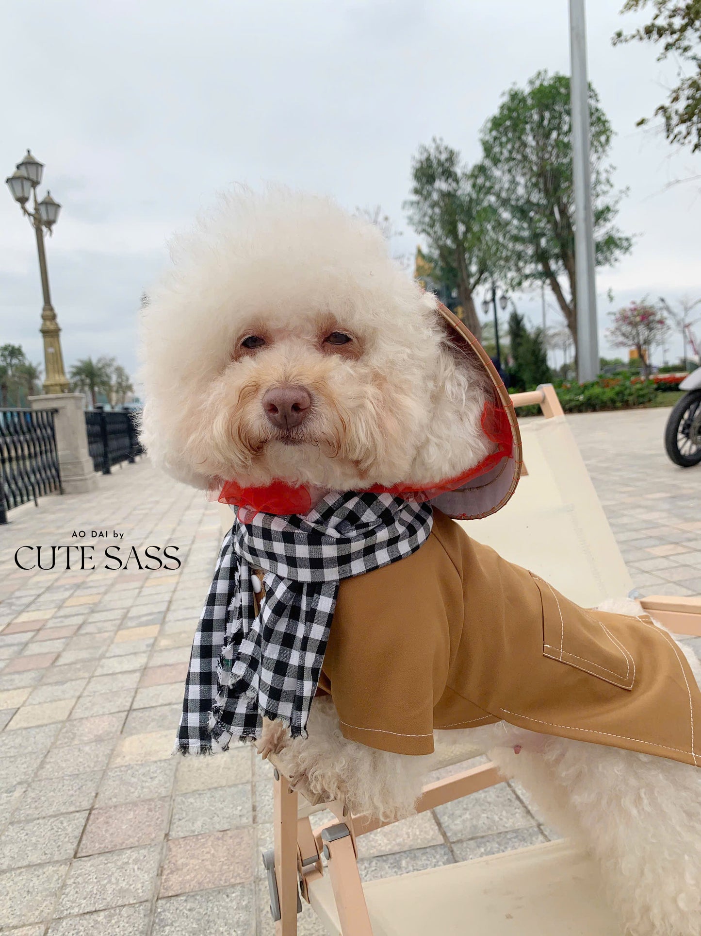 Pet Light Brown Ba Ba Ao Dai with Checkered Scarf 45B