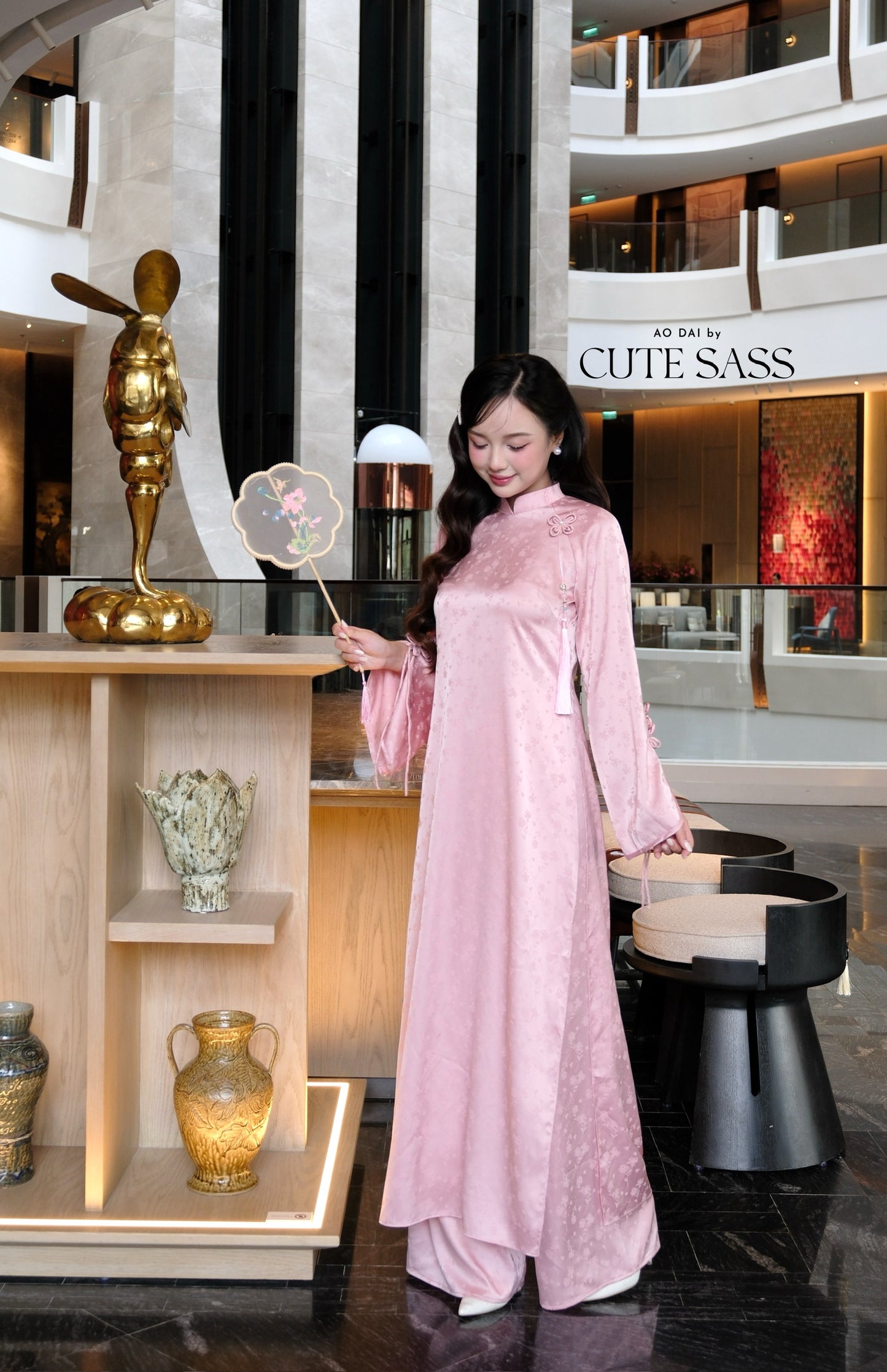 Linh Vy - Pink Vows Long Sleeve Bows Ao Dai Set