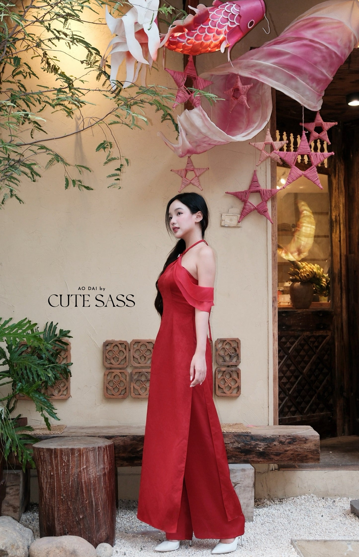 Linh Vy - Hush Red Halter Off Shoulder Wing Sleeve Ao Dai Top Only, No Pants