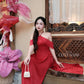 Linh Vy - Hush Red Halter Off Shoulder Wing Sleeve Ao Dai Top Only, No Pants