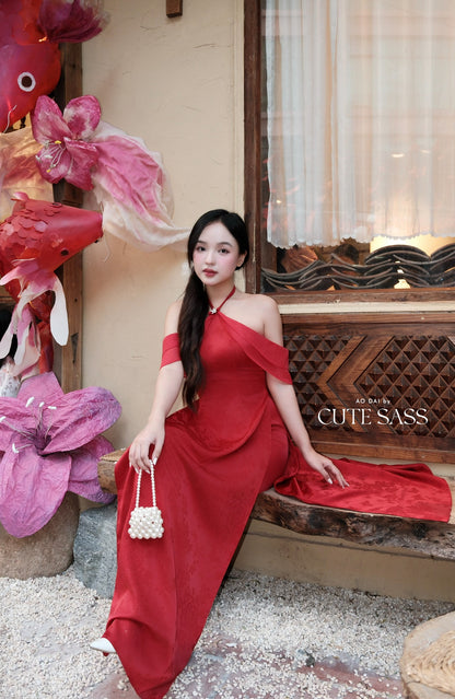 Linh Vy - Hush Red Halter Off Shoulder Wing Sleeve Ao Dai Top Only, No Pants 27C28B