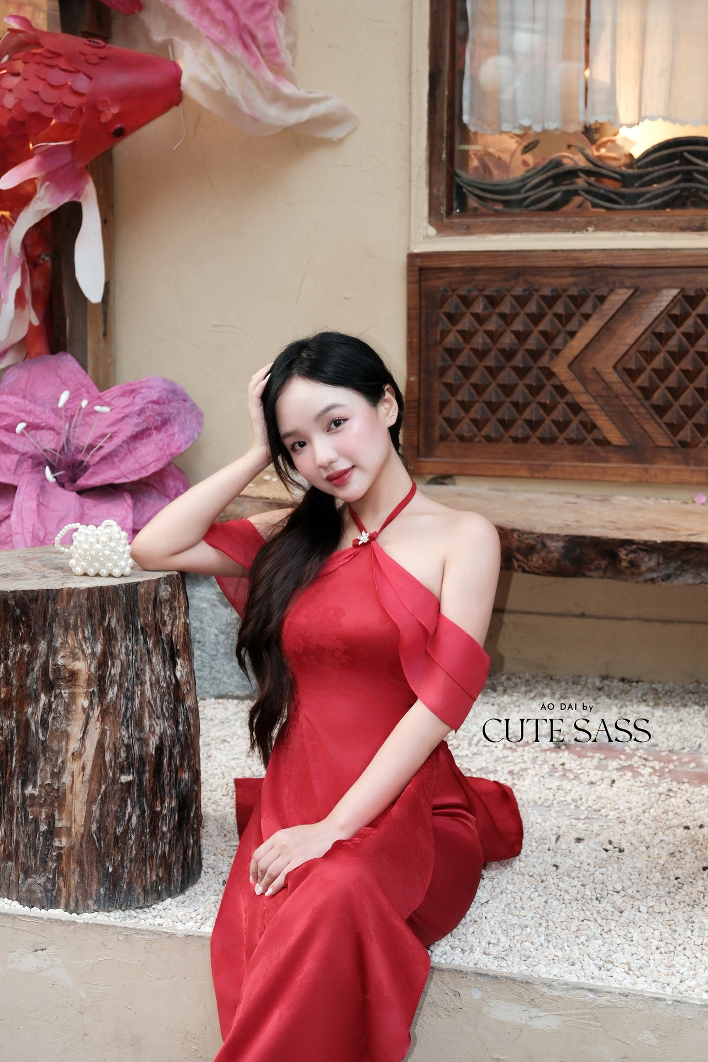 Linh Vy - Hush Red Halter Off Shoulder Wing Sleeve Ao Dai Top Only, No Pants