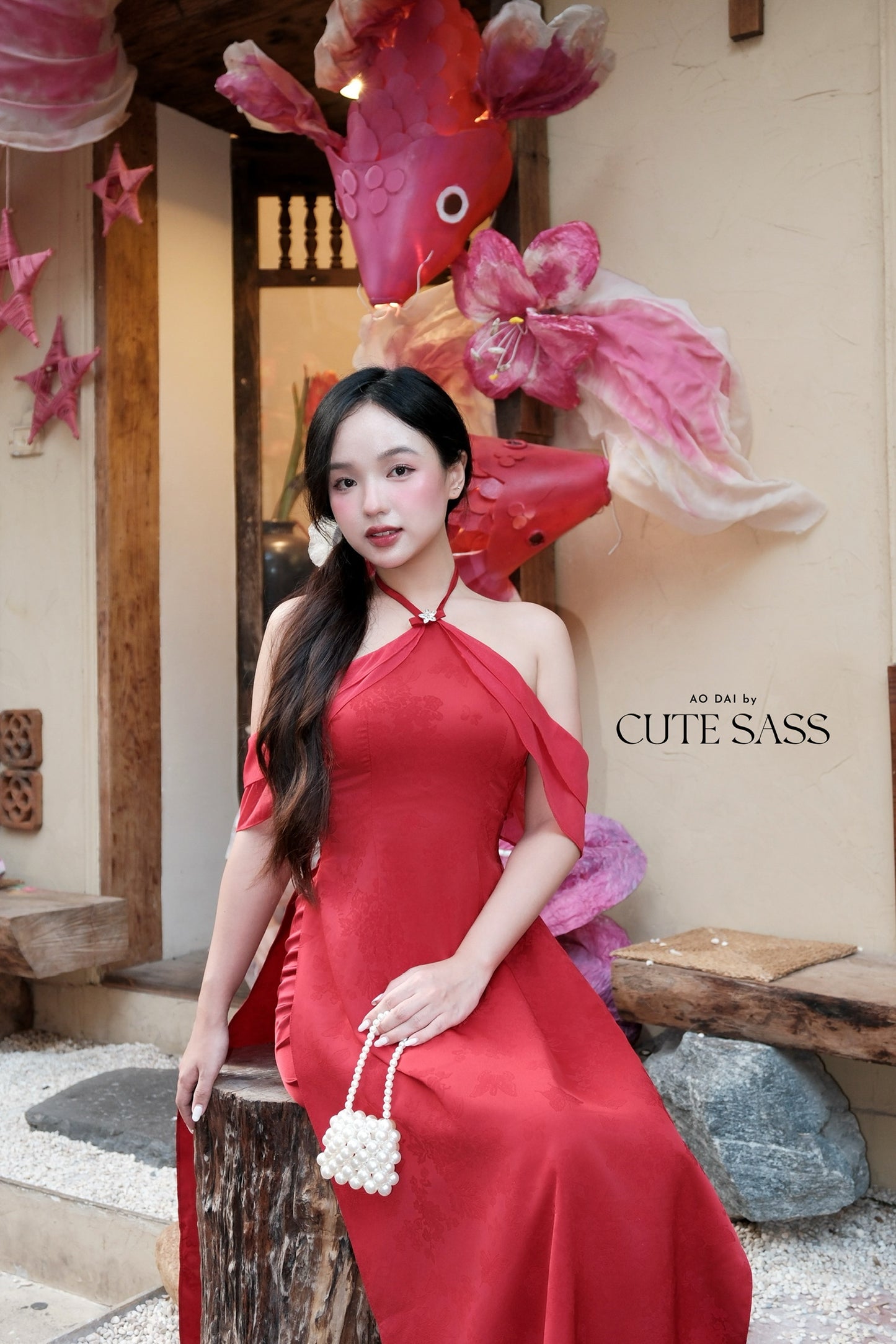 Linh Vy - Hush Red Halter Off Shoulder Wing Sleeve Ao Dai Top Only, No Pants