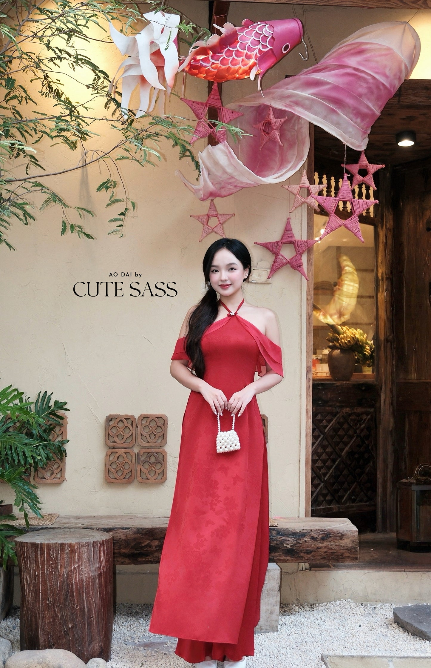 Linh Vy - Hush Red Halter Off Shoulder Wing Sleeve Ao Dai Top Only, No Pants
