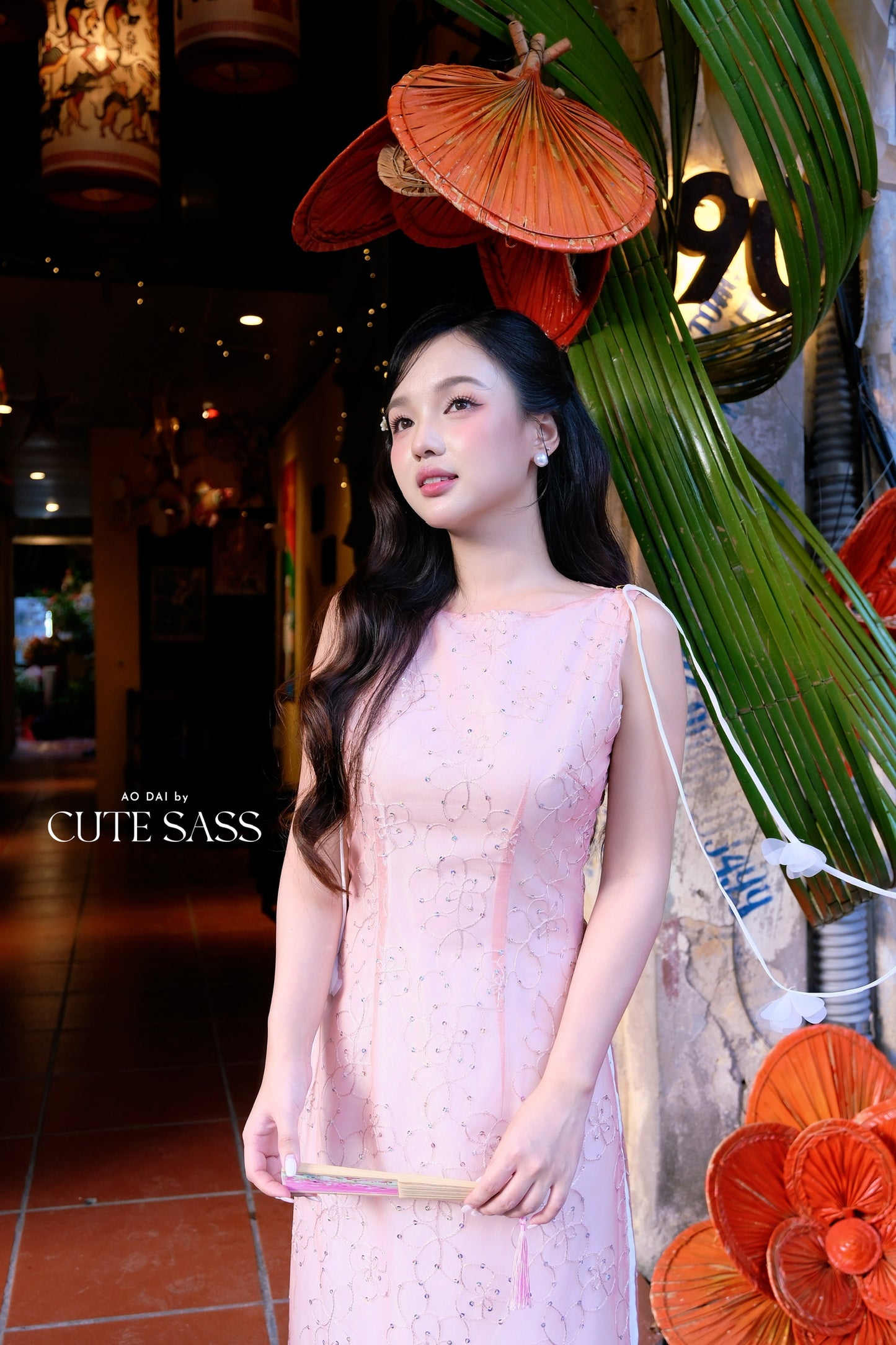 Linh Vy - Muse Light Pink Sleeveless Ao Dai Top Only and Shoulder Strings, No Pants