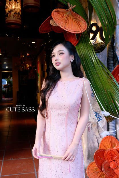 Linh Vy - Muse Light Pink Sleeveless Ao Dai Top Only and Shoulder Strings, No Pants 12C