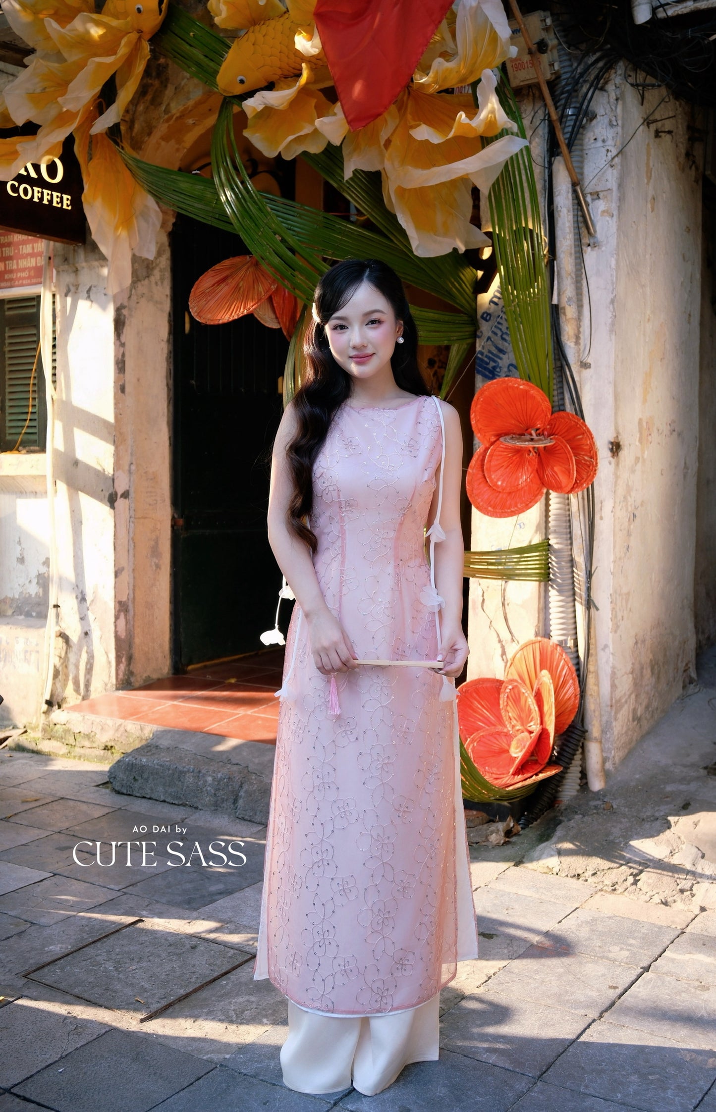 Linh Vy - Muse Light Pink Sleeveless Ao Dai Top Only and Shoulder Strings, No Pants