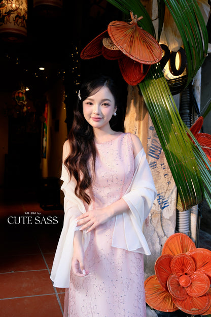 Linh Vy - Muse Light Pink Sleeveless Ao Dai Top Only and Shoulder Strings, No Pants 12C
