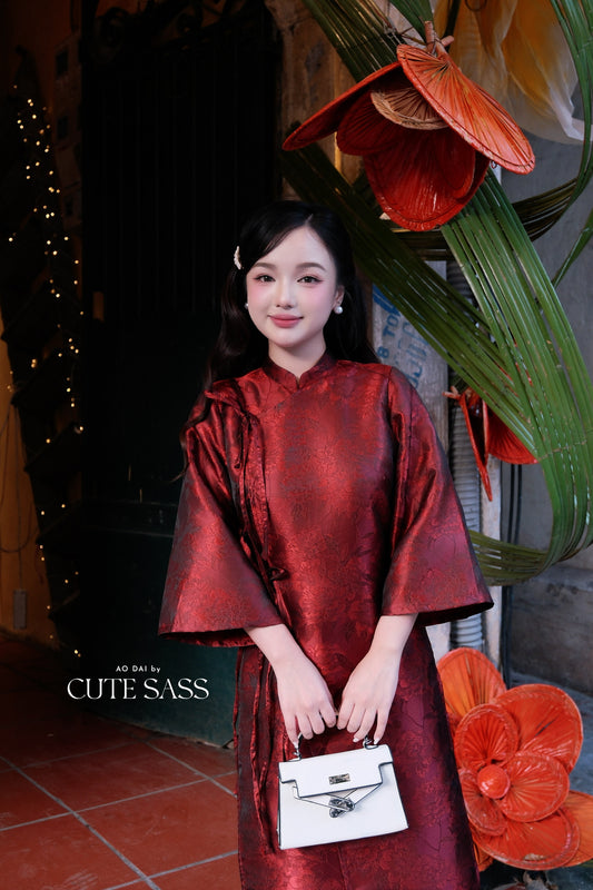 Linh Vy - Gender Fluid Maroon Wide Sleeve Ao Dai Top Only, No Pants