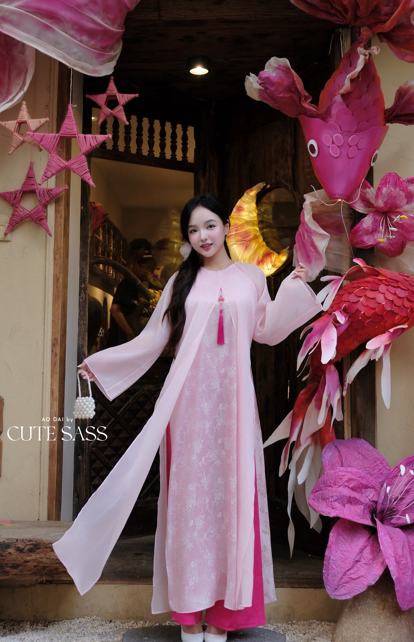 Mom and Daughter Pink Front-Slit with Tassel Ao Dai Set 1A