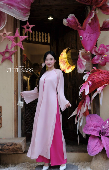 Mom and Daughter Pink Front-Slit with Tassel Ao Dai Set 1A