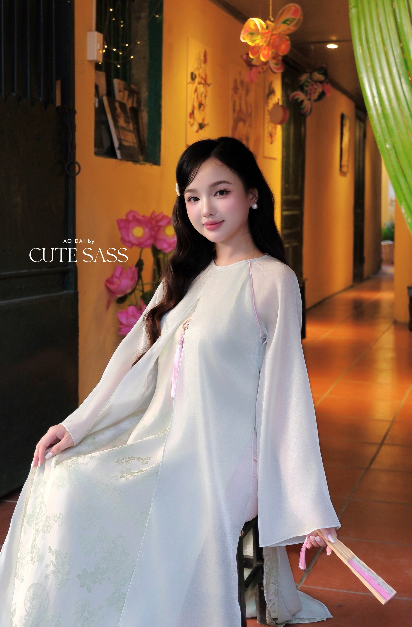 Mom and Daughter Sage Green Front-Slit with Tassel Ao Dai Set 6D