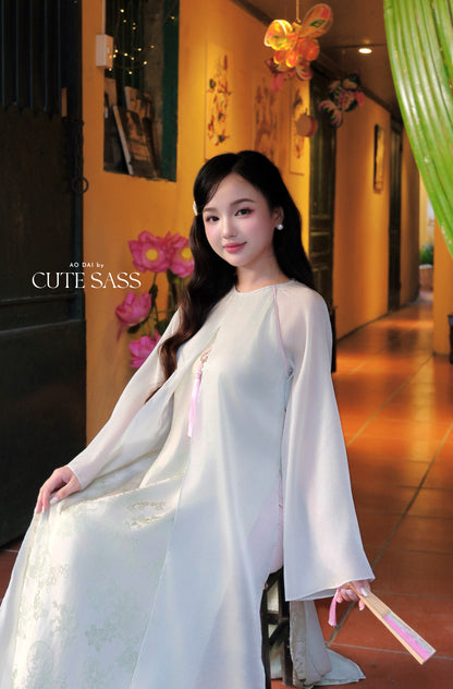 Mom and Daughter Sage Green Front-Slit with Tassel Ao Dai Set 6D