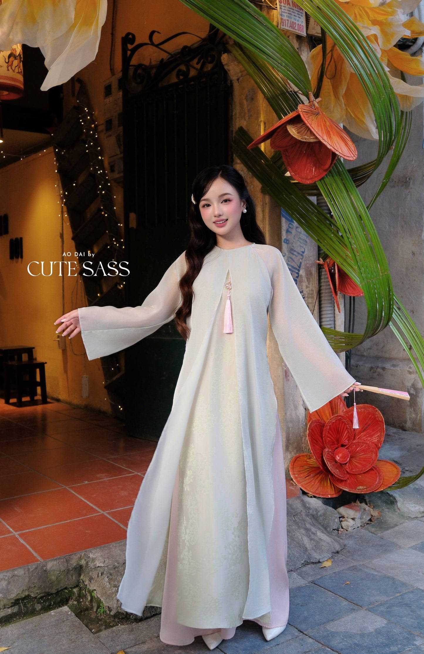Mom and Daughter Sage Green Front-Slit with Tassel Ao Dai Set 6D