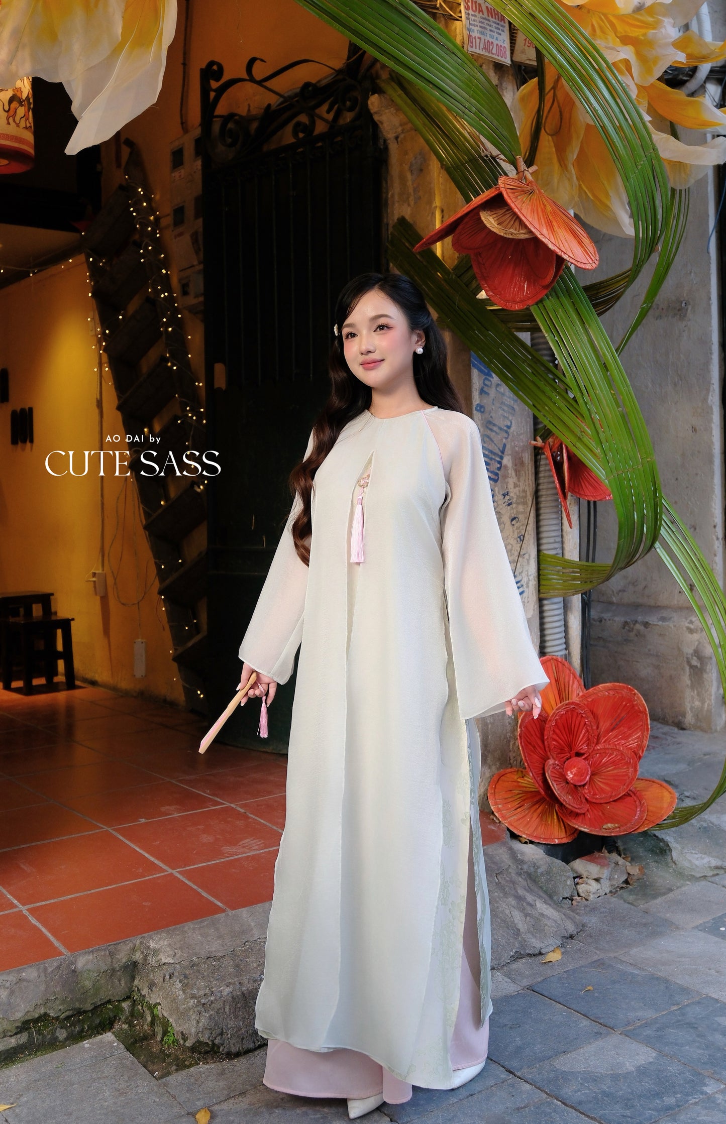 Mom and Daughter Sage Green Front-Slit with Tassel Ao Dai Set 6D