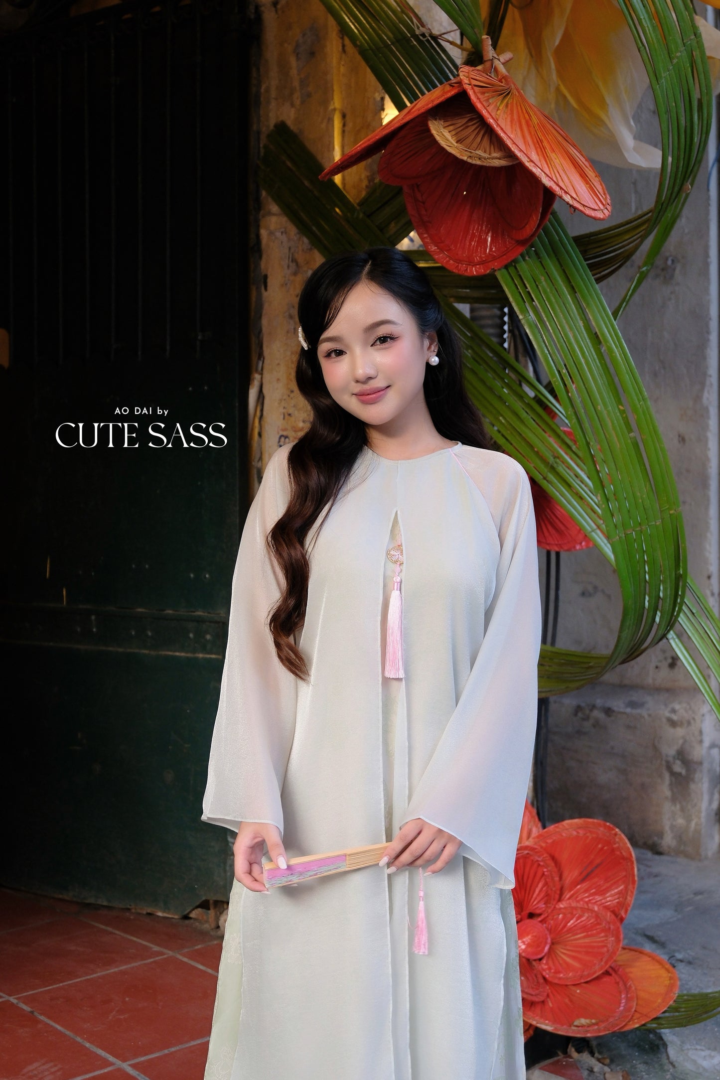 Mom and Daughter Sage Green Front-Slit with Tassel Ao Dai Set 6D