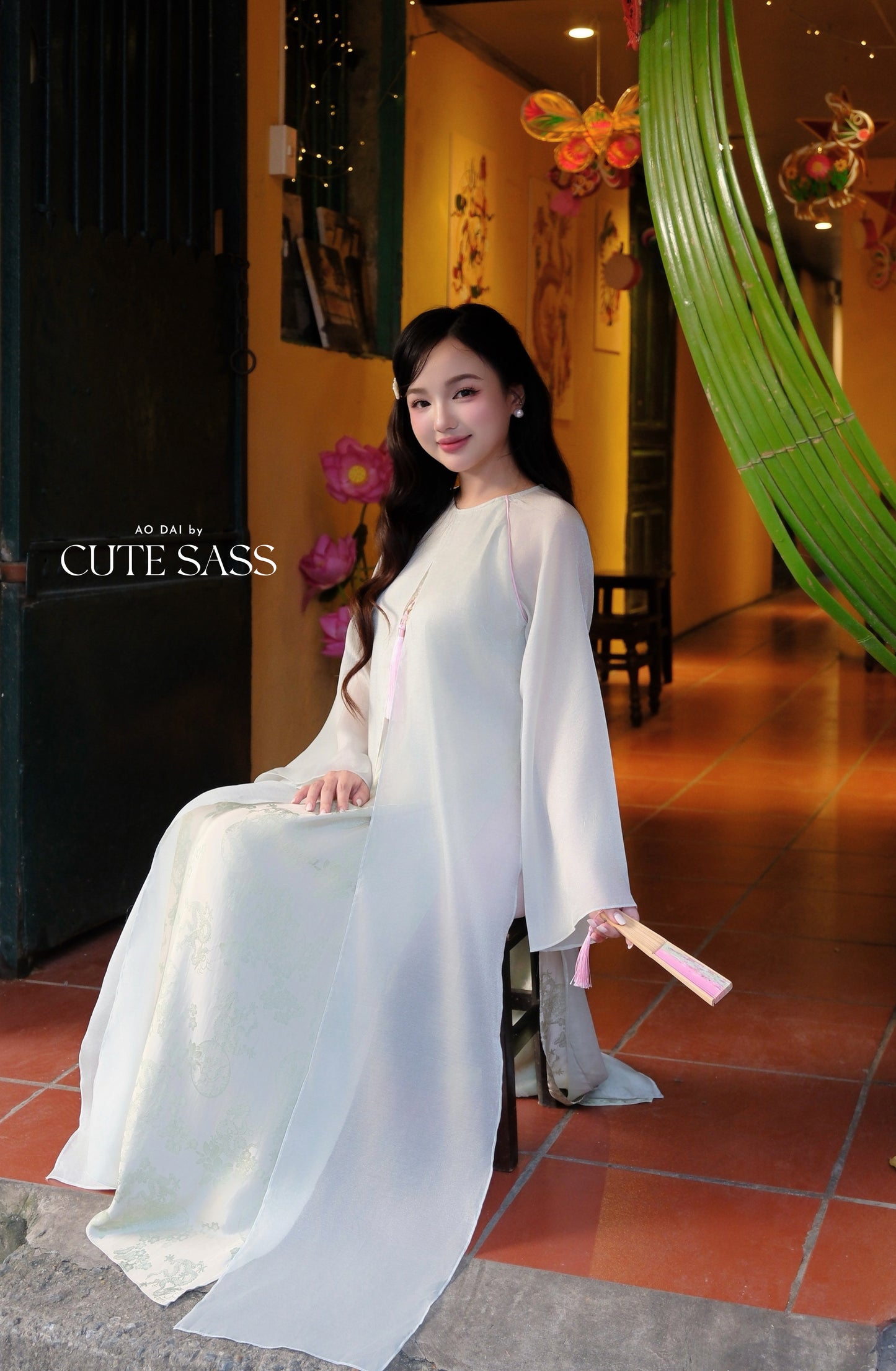 Mom and Daughter Sage Green Front-Slit with Tassel Ao Dai Set 6D