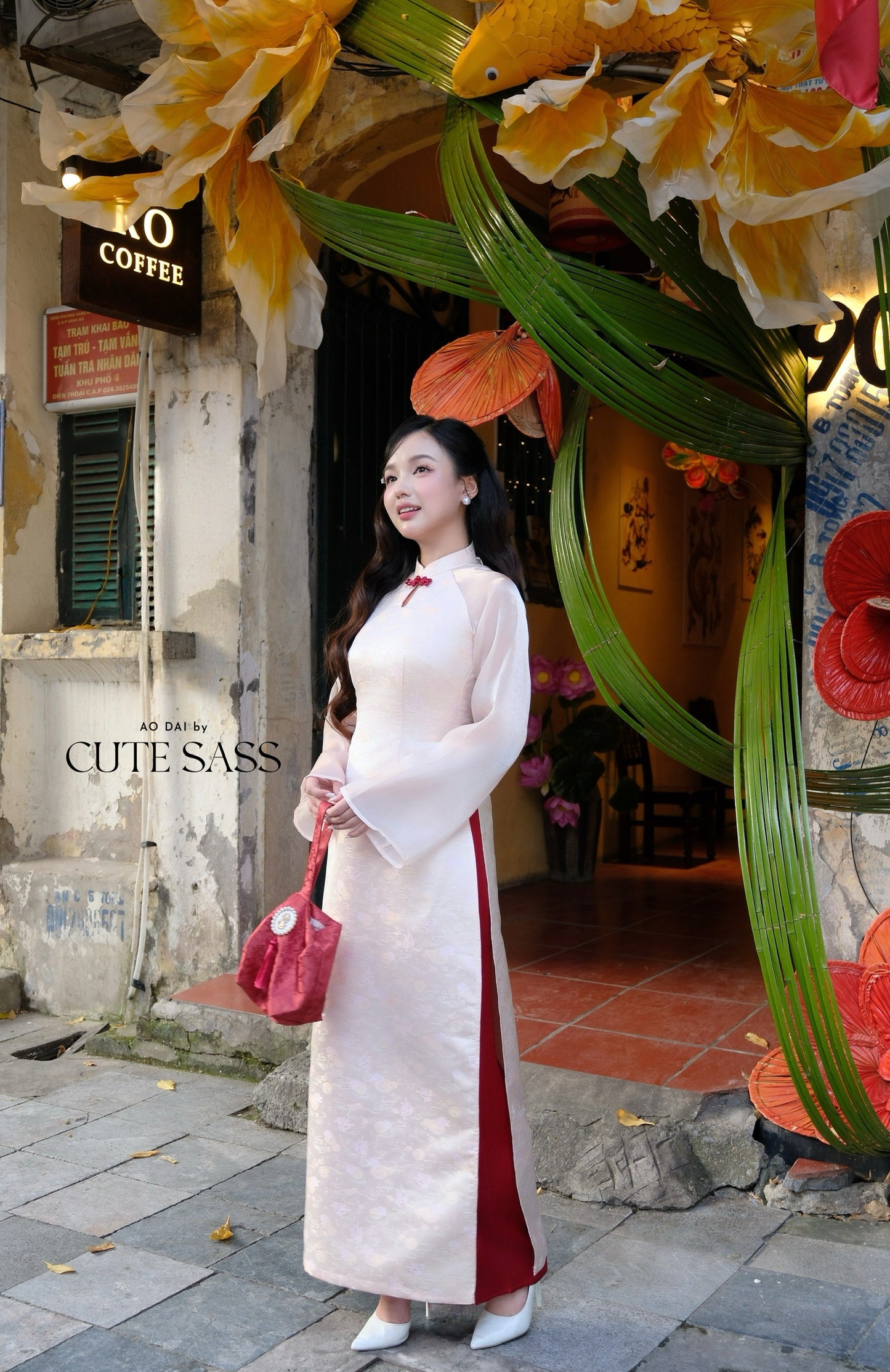 Linh Vy - Haze Cream Teardrop Cutout Red Knot Ao Dai Set
