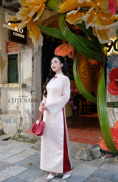 Linh Vy - Mom and Daughter Haze Blush Teardrop Cutout Red Knot Ao Dai Set 17C