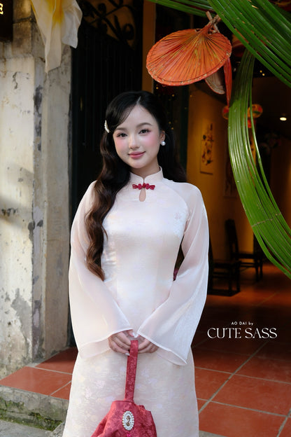 Linh Vy - Mom and Daughter Haze Cream Teardrop Cutout Red Knot Ao Dai Set