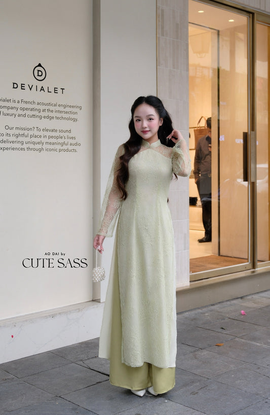 Linh Vy - Green Lace High Collar Ao Dai Top Only, No Pants