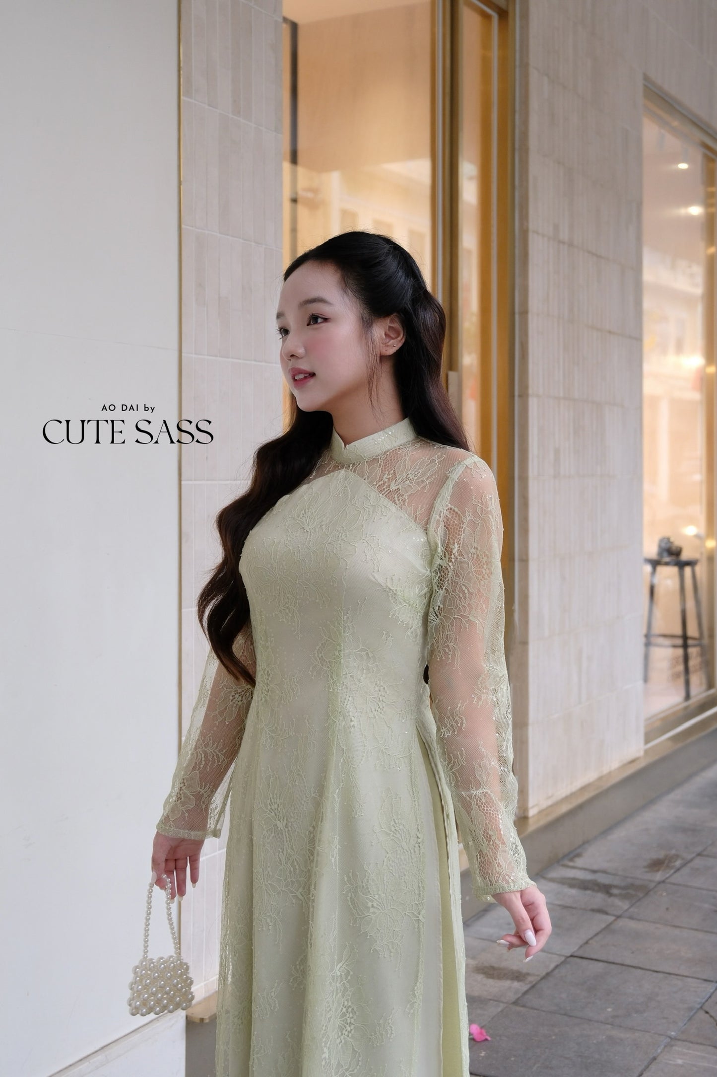 Linh Vy - Green Lace High Collar Ao Dai Top Only, No Pants