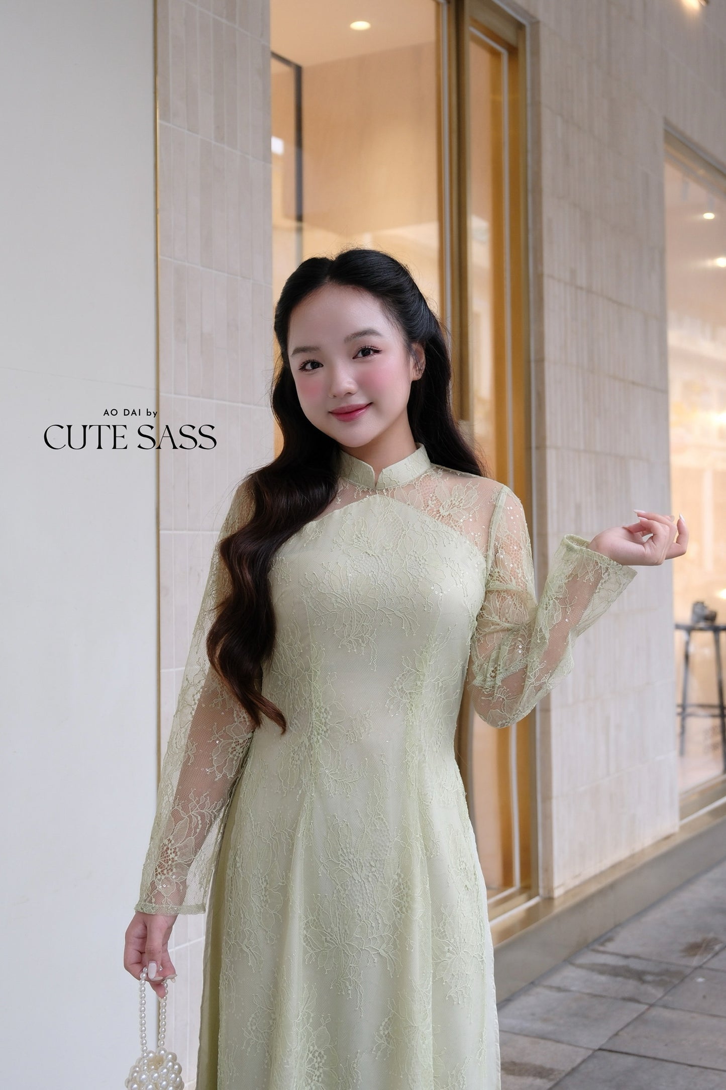 Linh Vy - Green Lace High Collar Ao Dai Top Only, No Pants