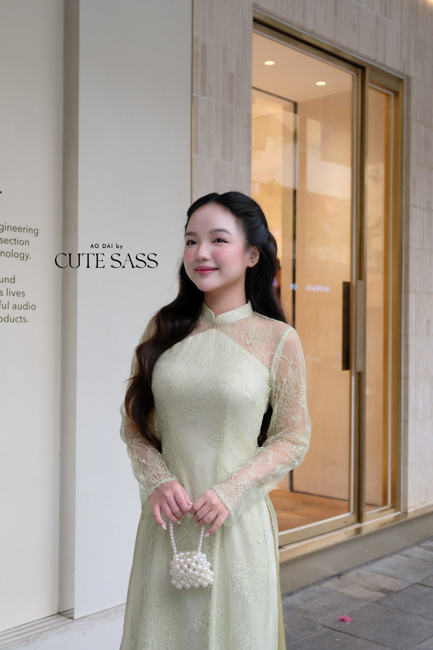 Linh Vy - Green Lace High Collar Ao Dai Top Only, No Pants