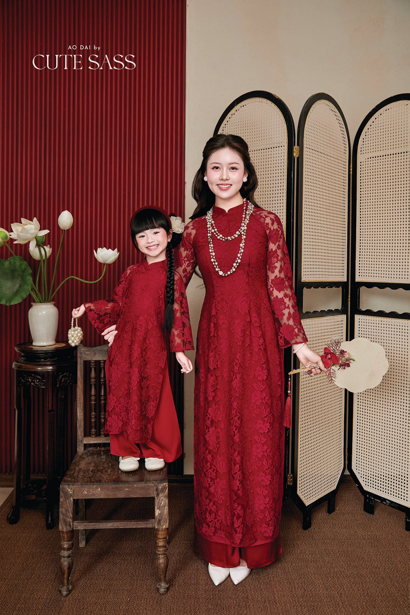 Gia Nghi - Family Red Lace Matching Ao Dai Set
