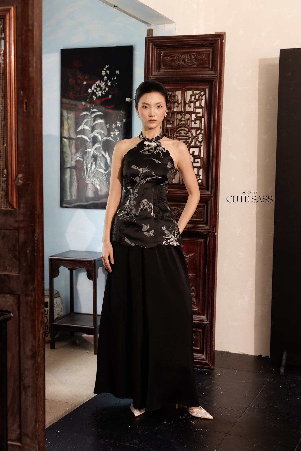 Khảm - Wisp Black Silver Scalloped Yem Inspired Top Only, No Pants
