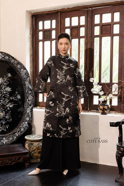 Khảm - Gender Fluid Black Silver Wide Sleeve Shifted Ao Dai Top Only, No Pants