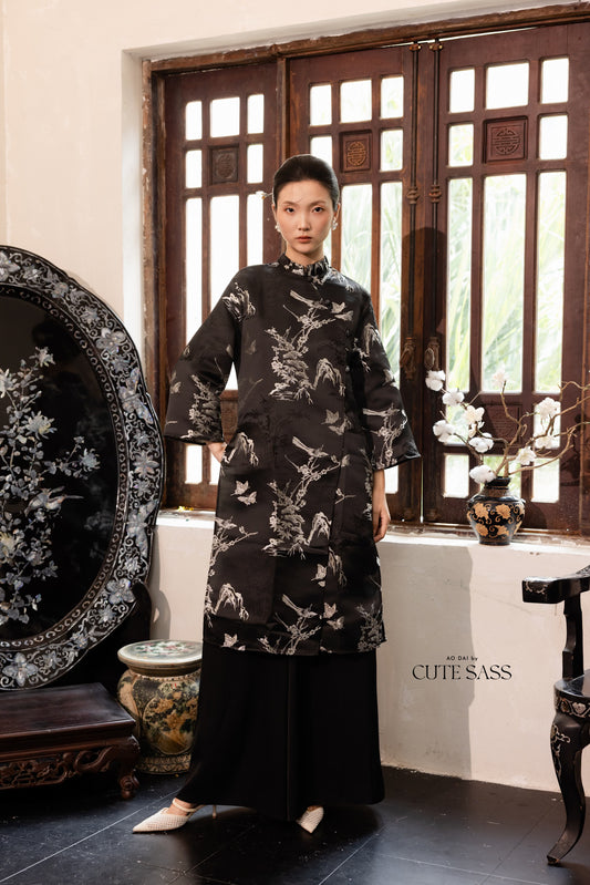 Khảm - Gender Fluid Black Silver Wide Sleeve Shifted Ao Dai Top Only, No Pants