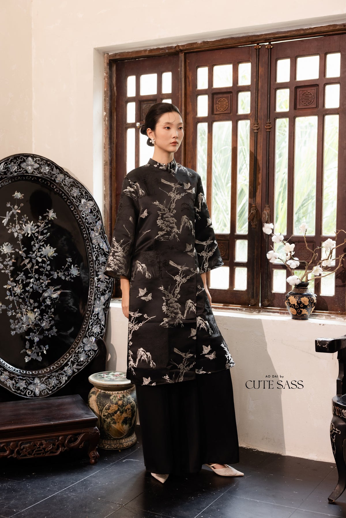 Khảm - Gender Fluid Black Silver Wide Sleeve Shifted Ao Dai Top Only, No Pants