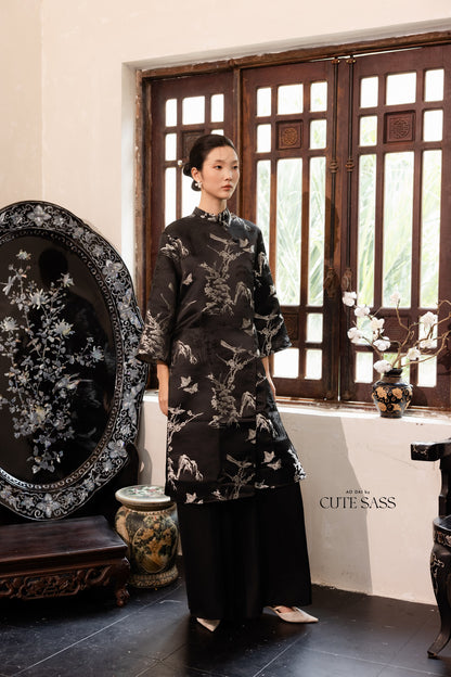 Khảm - Gender Fluid Black Silver Wide Sleeve Shifted Ao Dai Top Only, No Pants