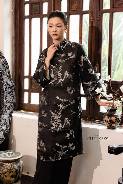 Khảm - Gender Fluid Black Silver Wide Sleeve Shifted Ao Dai Top Only, No Pants