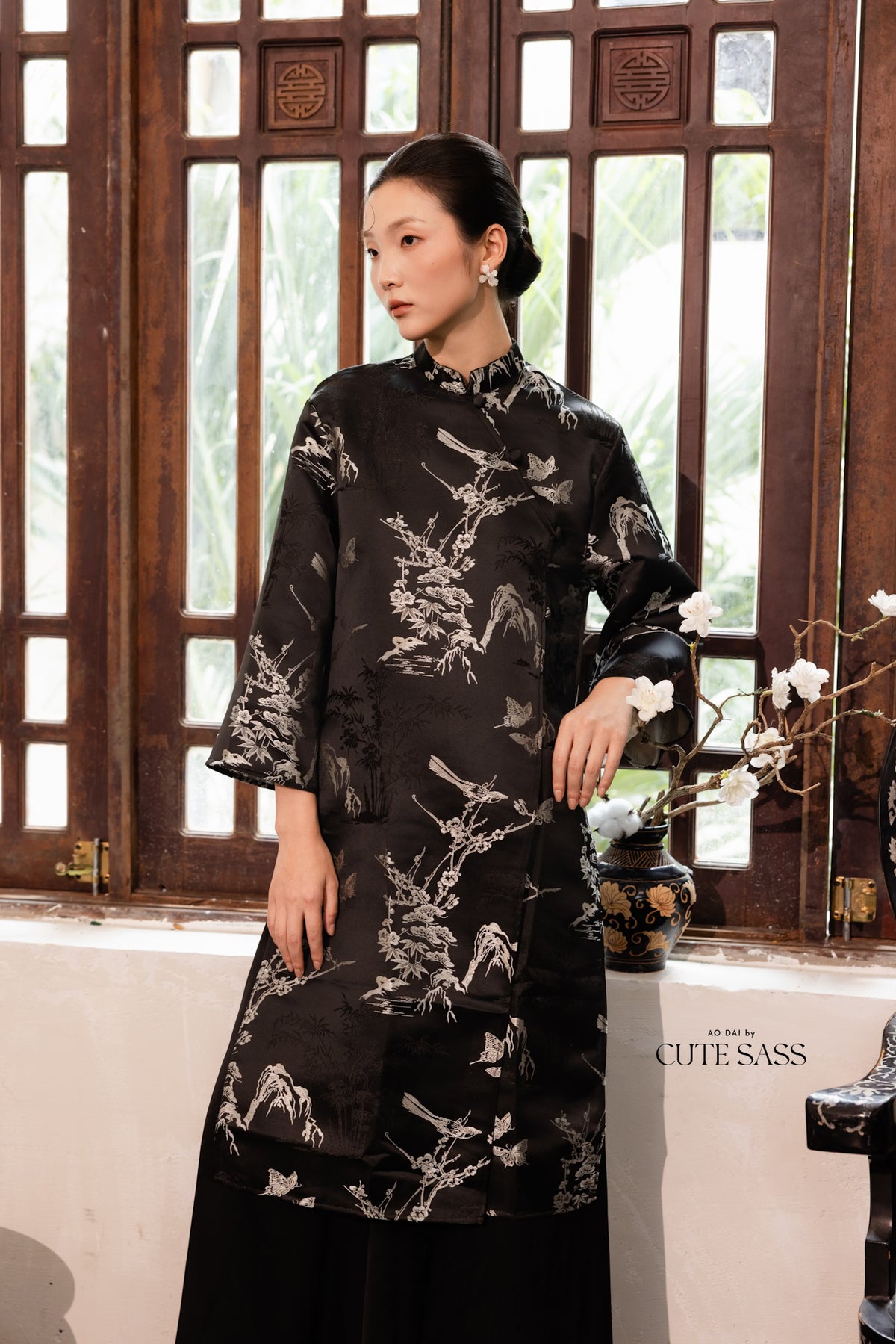 Khảm - Gender Fluid Black Silver Wide Sleeve Shifted Ao Dai Top Only, No Pants