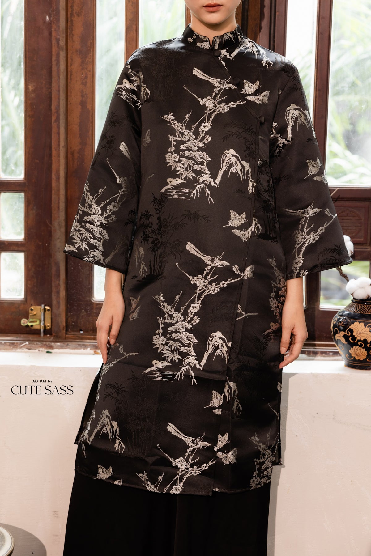 Khảm - Gender Fluid Black Silver Wide Sleeve Shifted Ao Dai Top Only, No Pants
