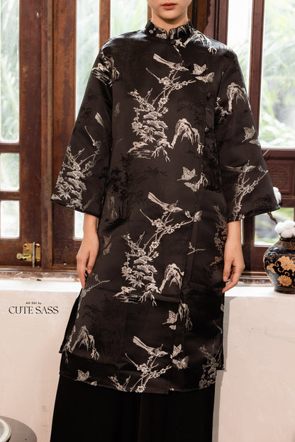 Khảm - Gender Fluid Black Silver Wide Sleeve Shifted Ao Dai Top Only, No Pants
