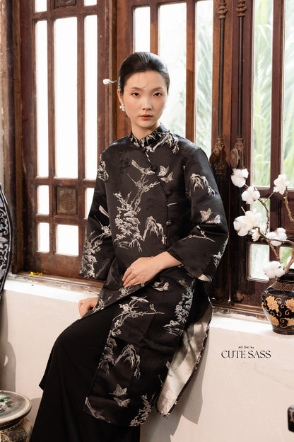 Khảm - Gender Fluid Black Silver Wide Sleeve Shifted Ao Dai Top Only, No Pants